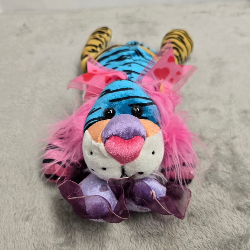 Walmart Colorful Tiger Plush Blue Yellow Pink Striped Heart Bow 10 inch